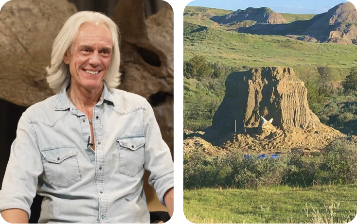 Archaeologist Stefano being interviewed, next to a photo of the Hell Creek Formation excavation site in Fallon County, Montana, where the Triceratops fossil was found.