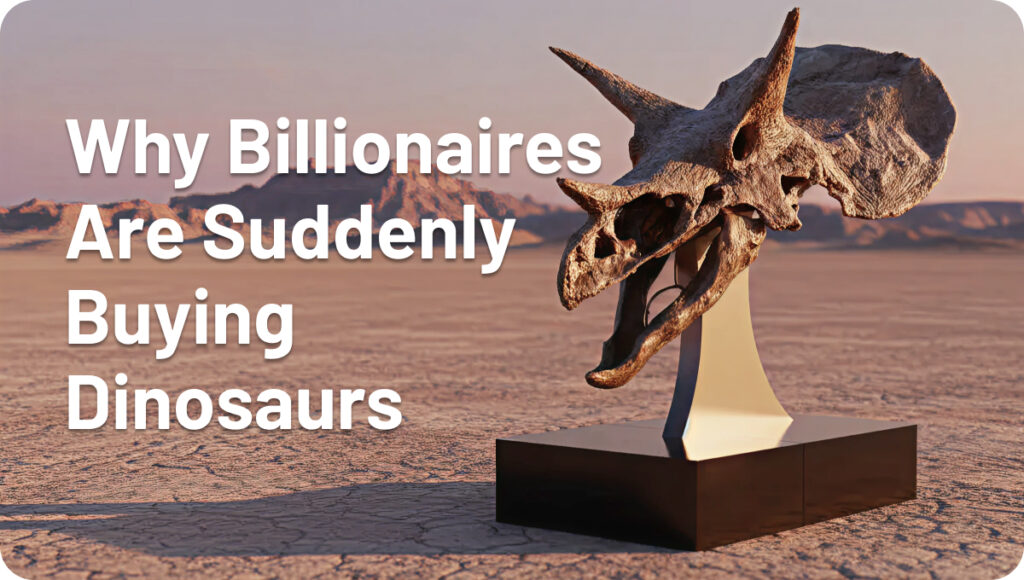 Display stand featuring a Triceratops skull in a desert, symbolizing the value of Dinosaur Fossil Investment.