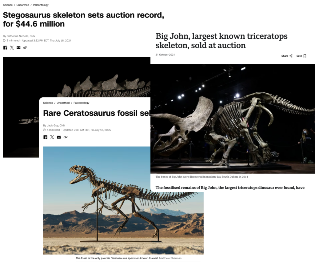 Collage of auction headlines: Stegosaurus, Big John, and Ceratosaurus. Visual evidence of the record-breaking Dinosaur Fossil Investment boom.